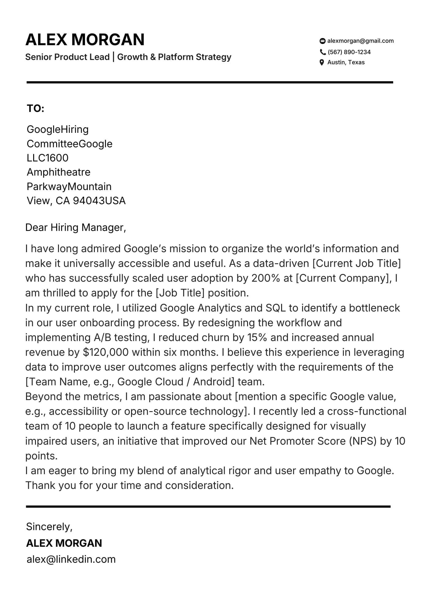 NeuraCV cover letter template preview