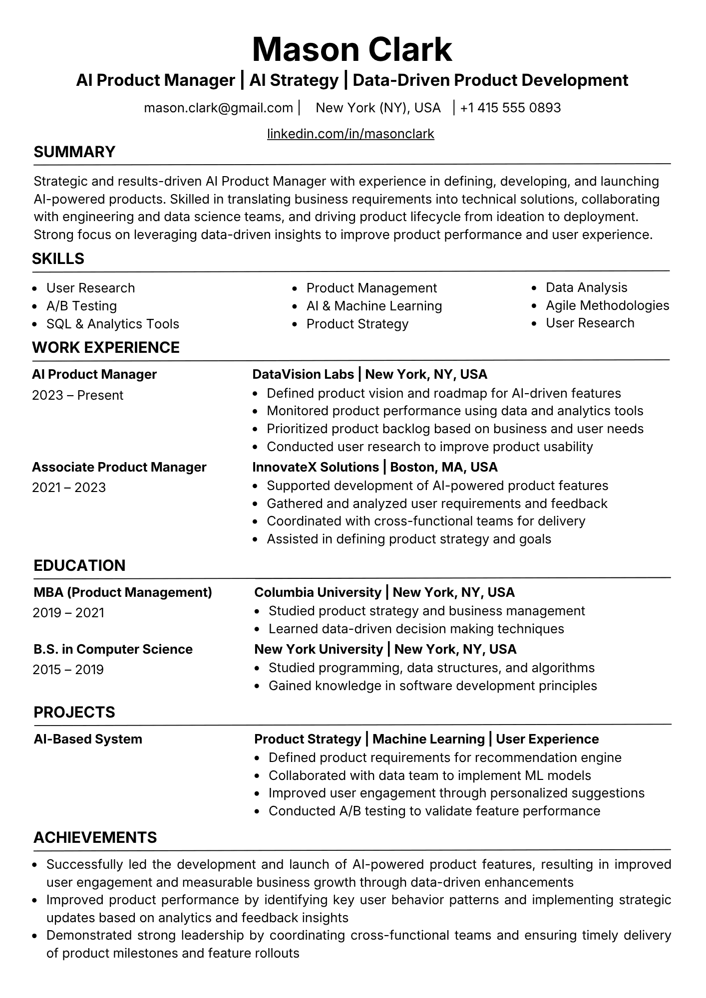 ATS-friendly AI Product Manager resume example - single-column layout with Product Roadmap Strategy, LLM Strategy & Orchestration, Agile/Scrum keywords and standard section headings, NeuraCV sample