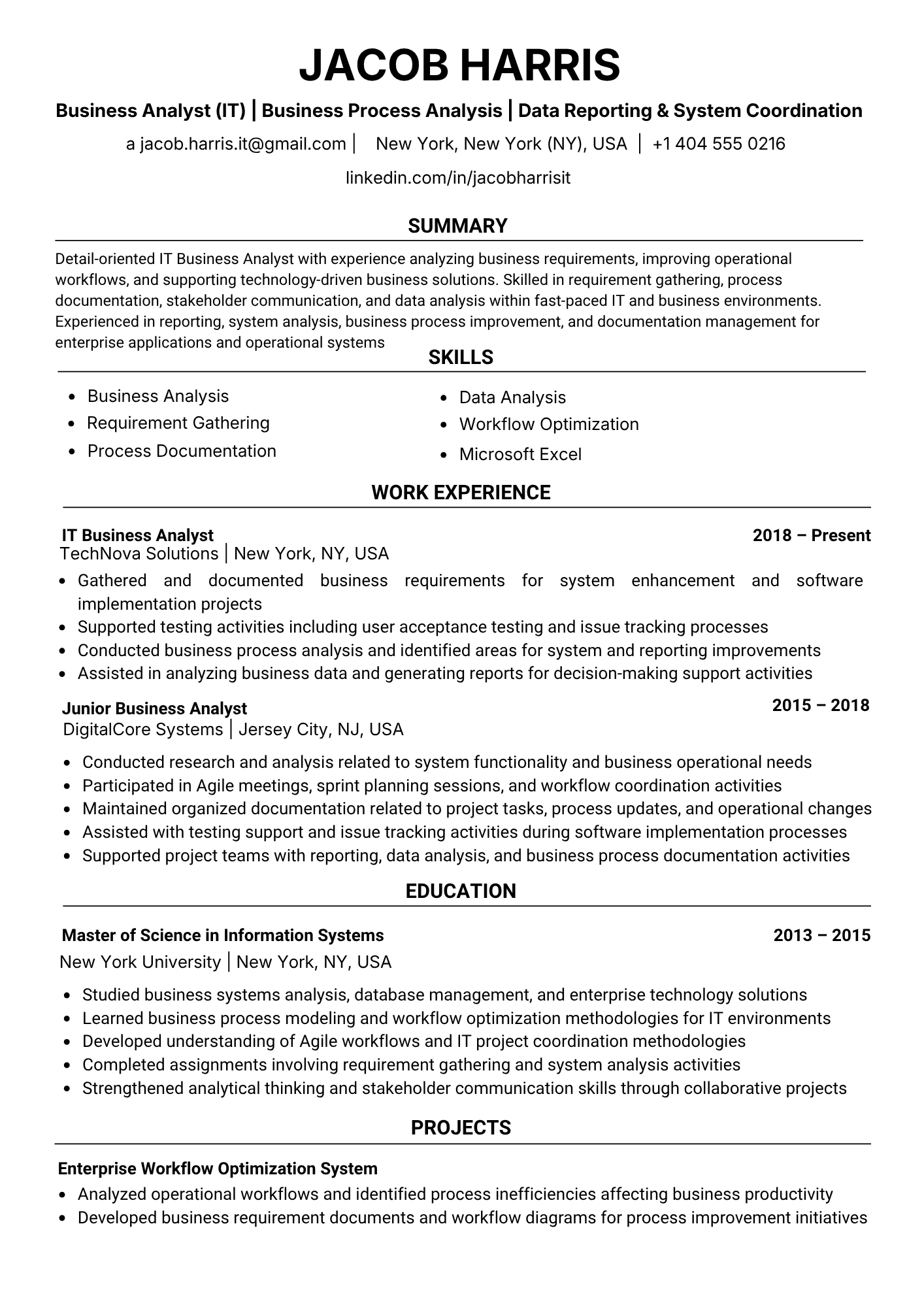 ATS-friendly Business Analyst (IT) resume example - single-column layout with Requirements Gathering, User Stories & Acceptance Criteria, Agile / Scrum keywords and standard section headings, NeuraCV sample