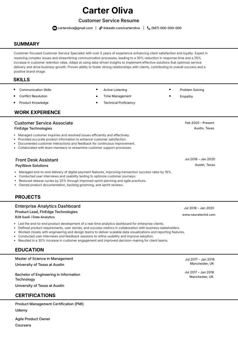 Customer service representative resume template with single-column layout, section dividers, and icon contact row.