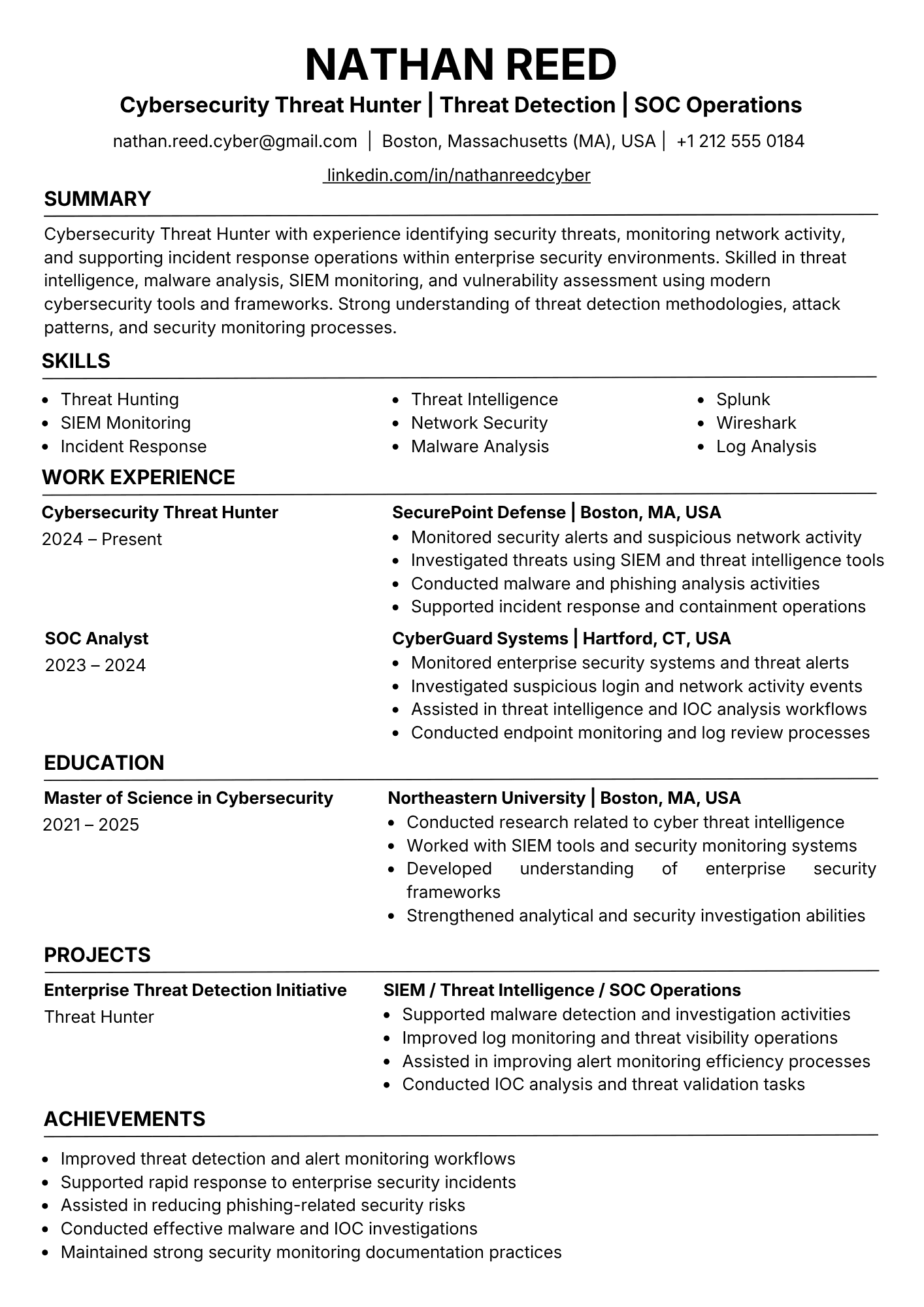 ATS-friendly Cybersecurity Threat Hunter resume example - single-column layout with MITRE ATT&CK Framework, Splunk (SPL), Microsoft Sentinel (KQL) keywords and standard section headings, NeuraCV sample