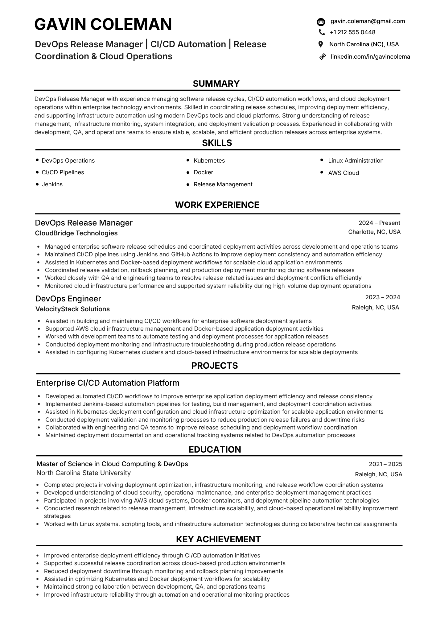 ATS-friendly DevOps Release Manager resume example - single-column layout with ArgoCD (GitOps), Spinnaker (Canary/Blue-Green), GitHub Actions keywords and standard section headings, NeuraCV sample