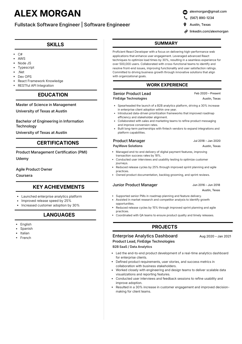 Full stack software engineer resume template with two-column layout, skills and summary sections.