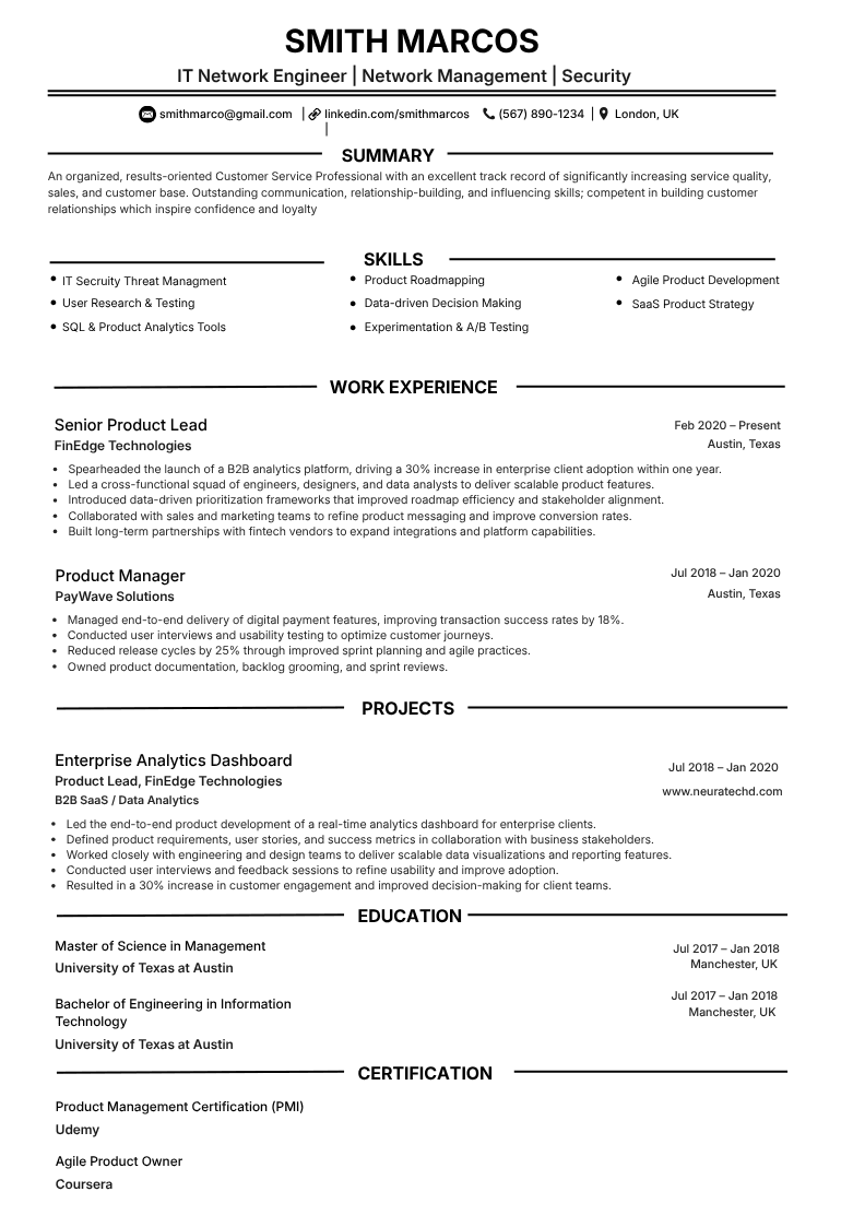 IT network engineer resume template with single-column layout, horizontal section rules, and clear typography.