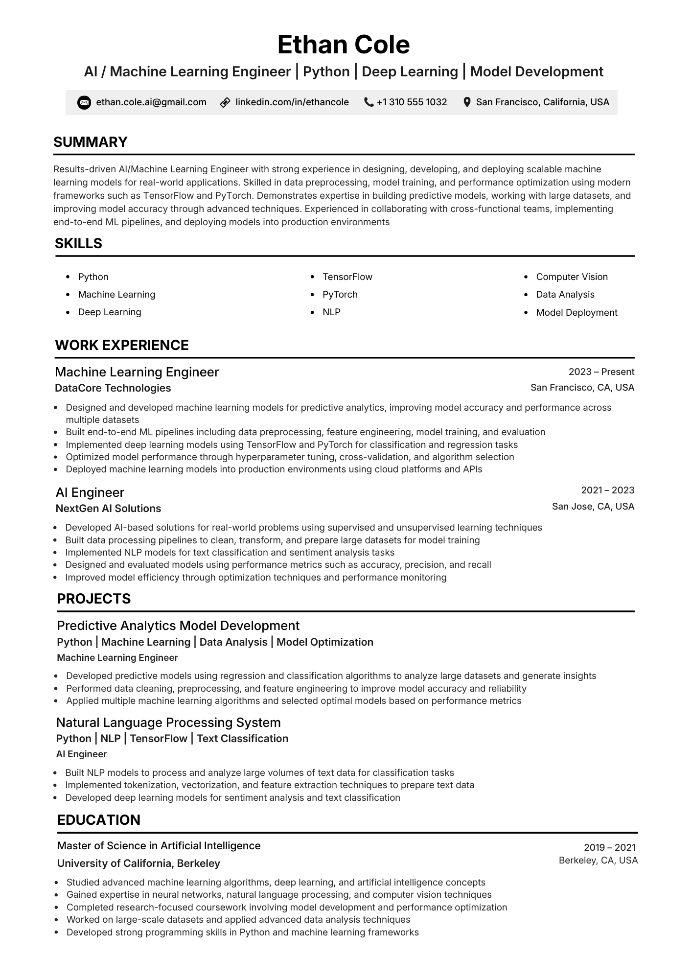 ATS-friendly AI/Machine Learning Engineer resume example - single-column layout with PyTorch, TensorFlow, RAG (Retrieval-Augmented Generation) keywords and standard section headings, NeuraCV sample