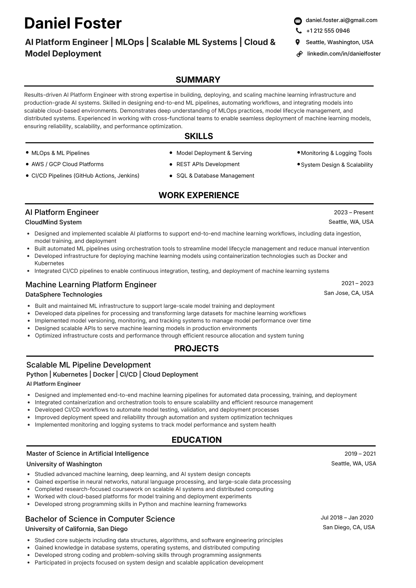 ATS-friendly AI Platform Engineer resume example - single-column layout with Kubernetes, Terraform, AWS SageMaker keywords and standard section headings, NeuraCV sample