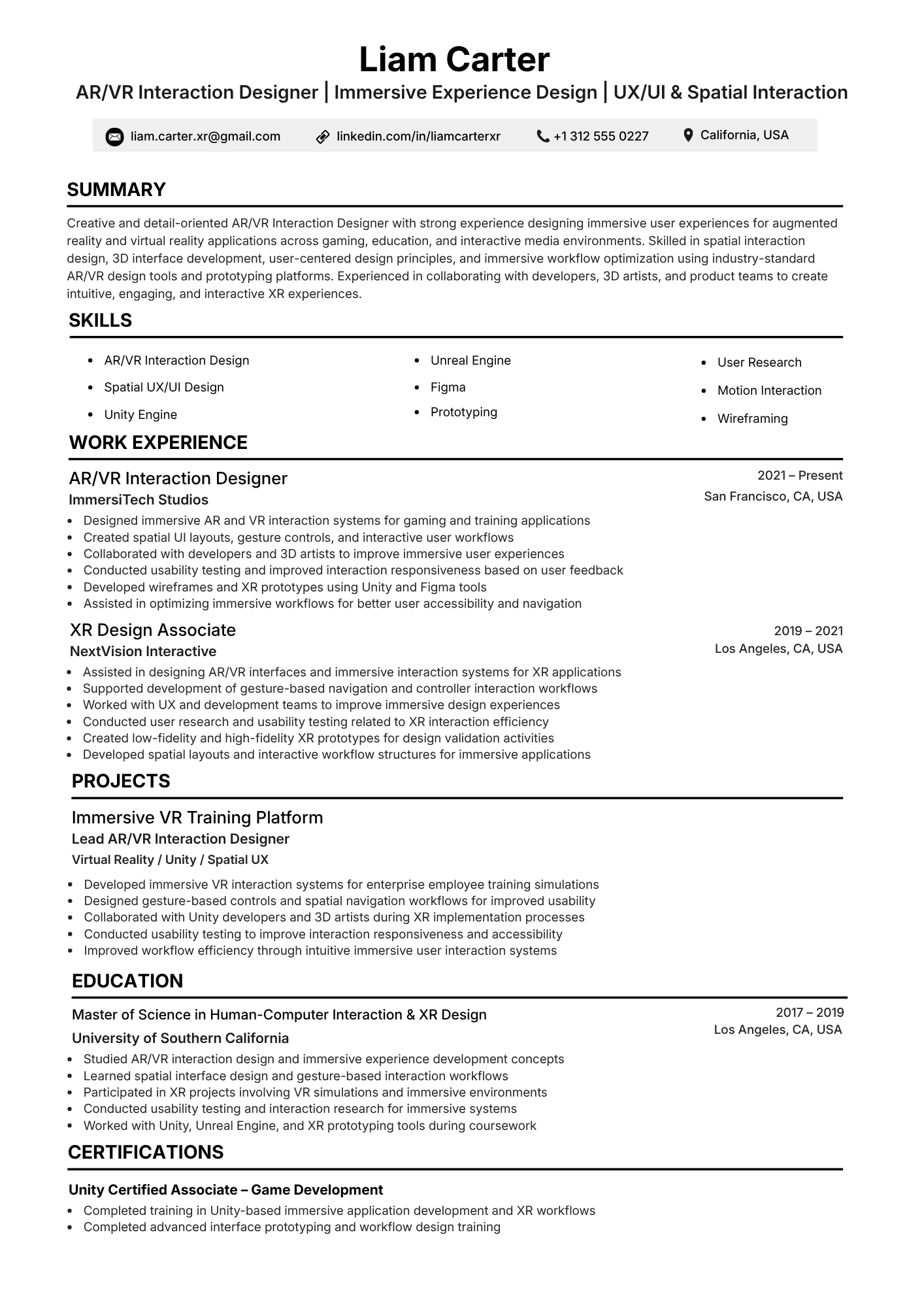 ATS-friendly AR/VR Interaction Designer resume example - single-column layout with Unity (XR Interaction Toolkit), Unreal Engine, ARKit keywords and standard section headings, NeuraCV sample
