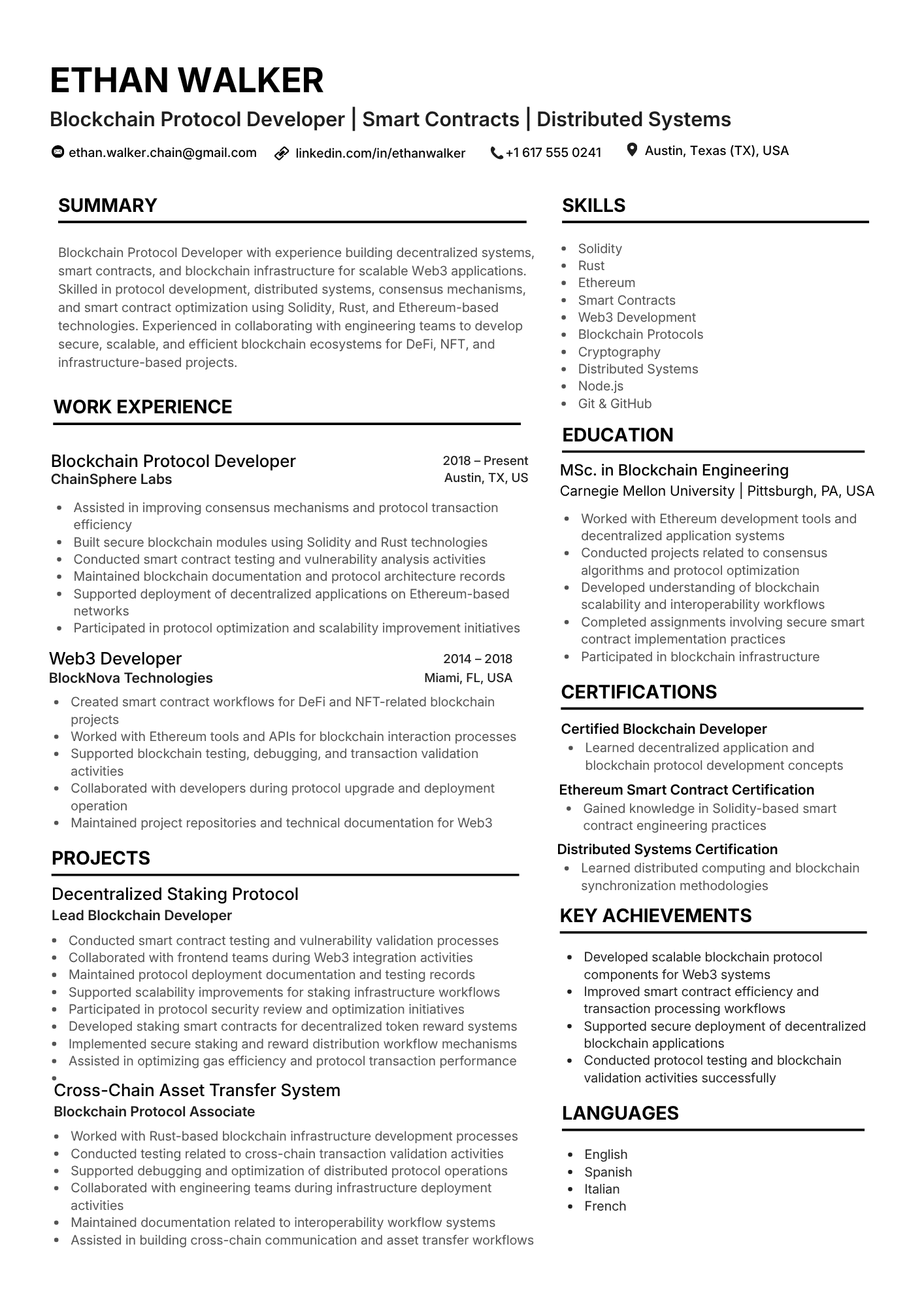 ATS-friendly Blockchain Protocol Developer resume example - single-column layout with Solidity, Rust (for Substrate/Solana), zk-SNARKs / PLONK keywords and standard section headings, NeuraCV sample