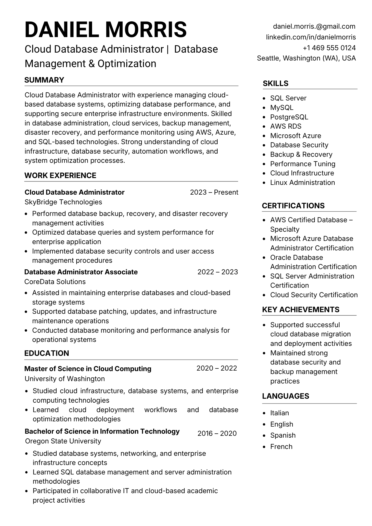 ATS-friendly Cloud Database Administrator resume example - single-column layout with AWS Aurora / RDS, Google Cloud Spanner / BigQuery, Azure SQL / Cosmos DB keywords and standard section headings, NeuraCV sample