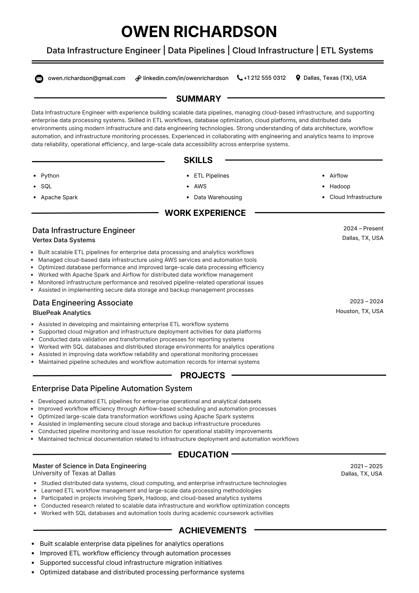 ATS-friendly Data Infrastructure Engineer resume example - single-column layout with Apache Kafka, Apache Flink / Spark, Apache Iceberg / Delta Lake keywords and standard section headings, NeuraCV sample