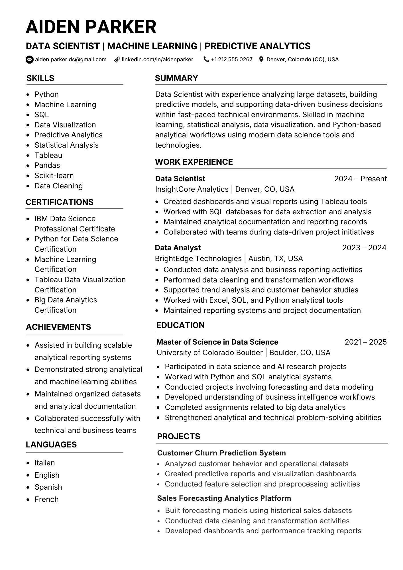 ATS-friendly Data Scientist resume example - single-column layout with Python, SQL, scikit-learn keywords and standard section headings, NeuraCV sample
