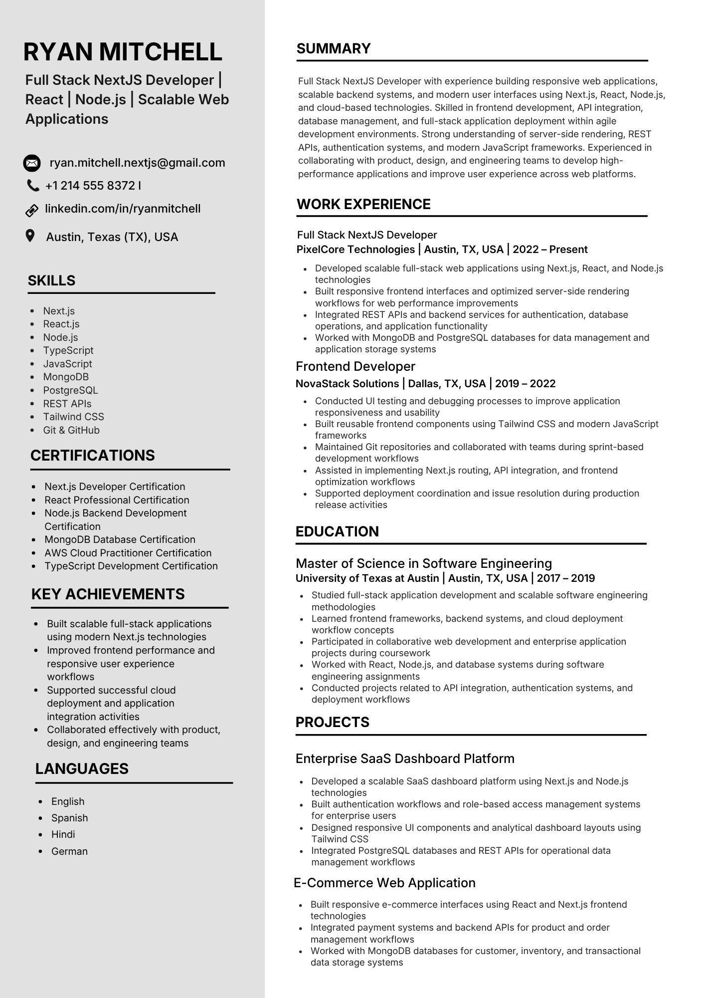 ATS-friendly Full Stack NextJS Developer resume example - single-column layout with Next.js (App Router, Server Components), React 18/19, TypeScript keywords and standard section headings, NeuraCV sample