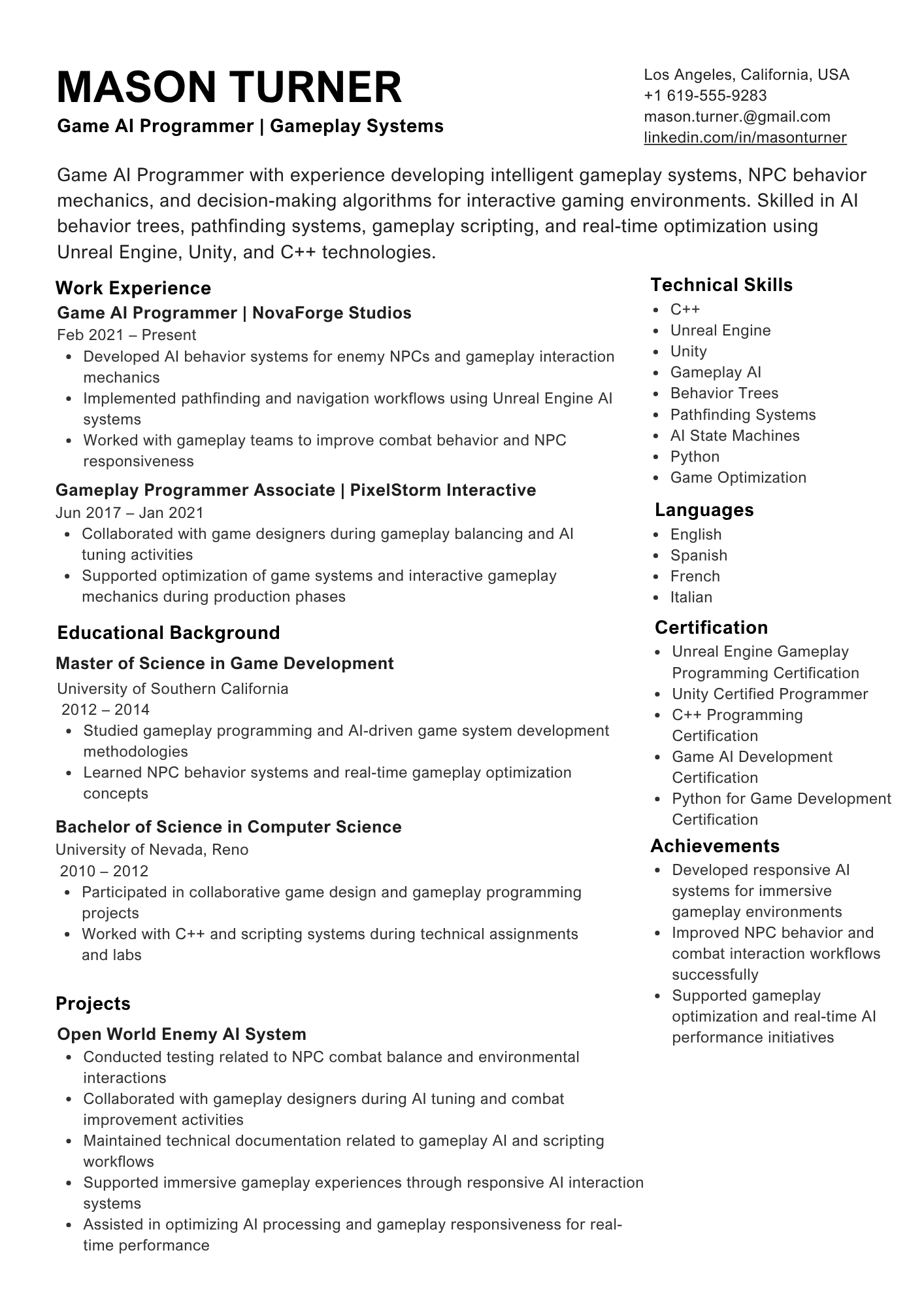ATS-friendly Game AI Programmer resume example - single-column layout with Behavior Trees, GOAP (Goal-Oriented Action Planning), Unreal Engine 5 keywords and standard section headings, NeuraCV sample