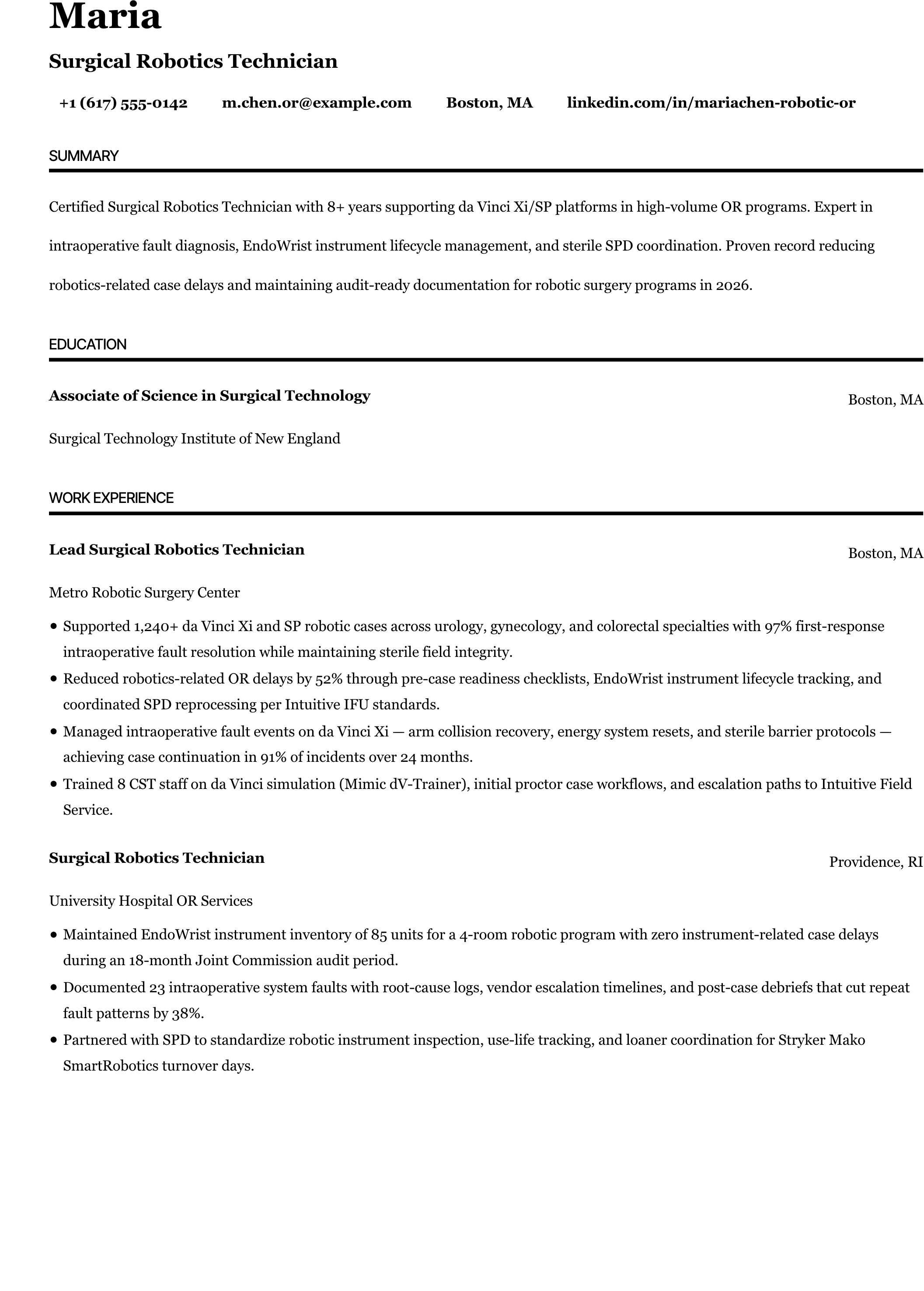 ATS-friendly Surgical Robotics Technician resume example - single-column layout with da Vinci Xi / Si / SP (Intuitive Surgical), Stryker Mako SmartRobotics, Intraoperative Fault Management keywords and standard section headings, NeuraCV sample
