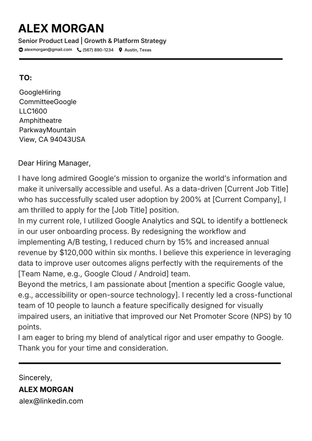 NeuraCV modern cover letter template preview