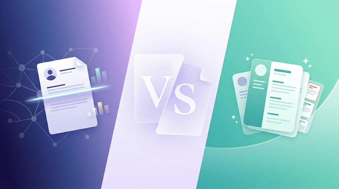 NeuraCV vs Kickresume 2026 comparison banner: split hero with resume scan motif on indigo and template-style cards on teal, soft centre blend.