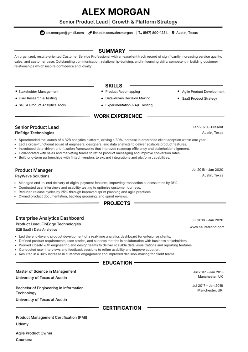 Backend-focused software engineer template with systems and reliability sections.