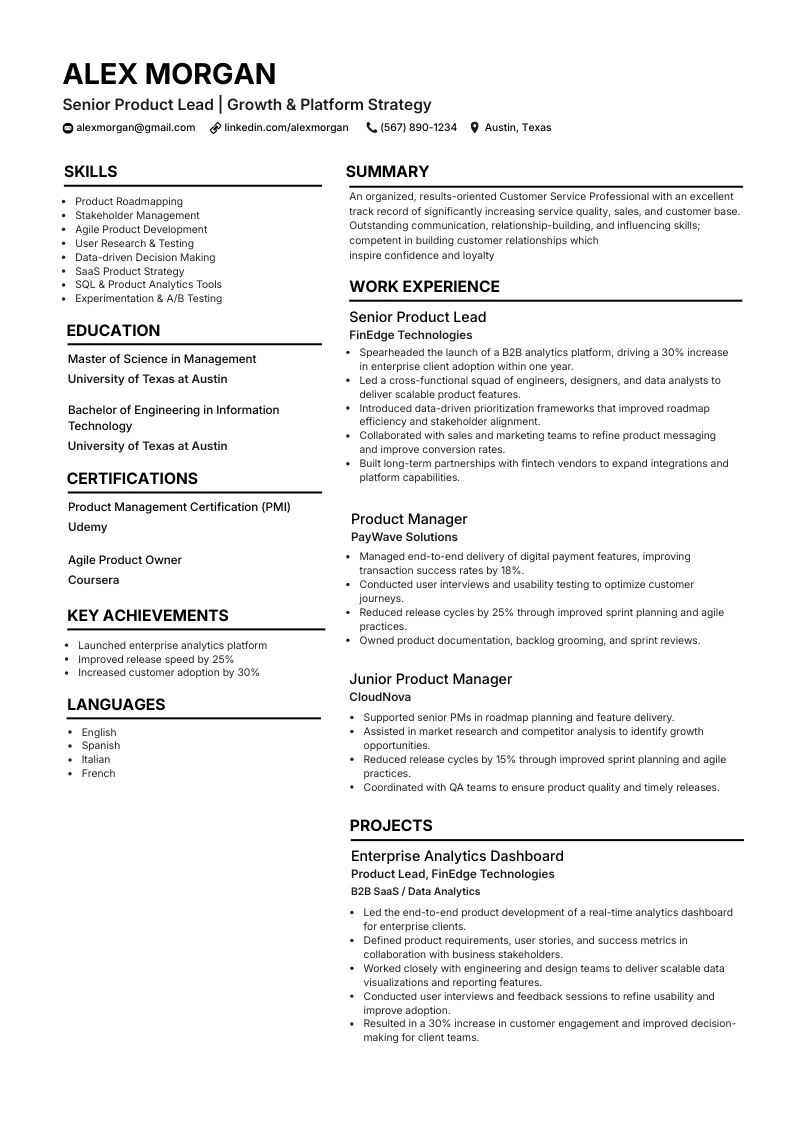 NeuraCV CV template preview: readable single-column flow for recruiters and parsers