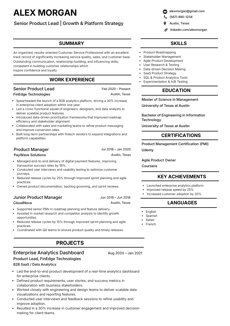 NeuraCV CV template preview: ATS-oriented headings and plain-text emphasis