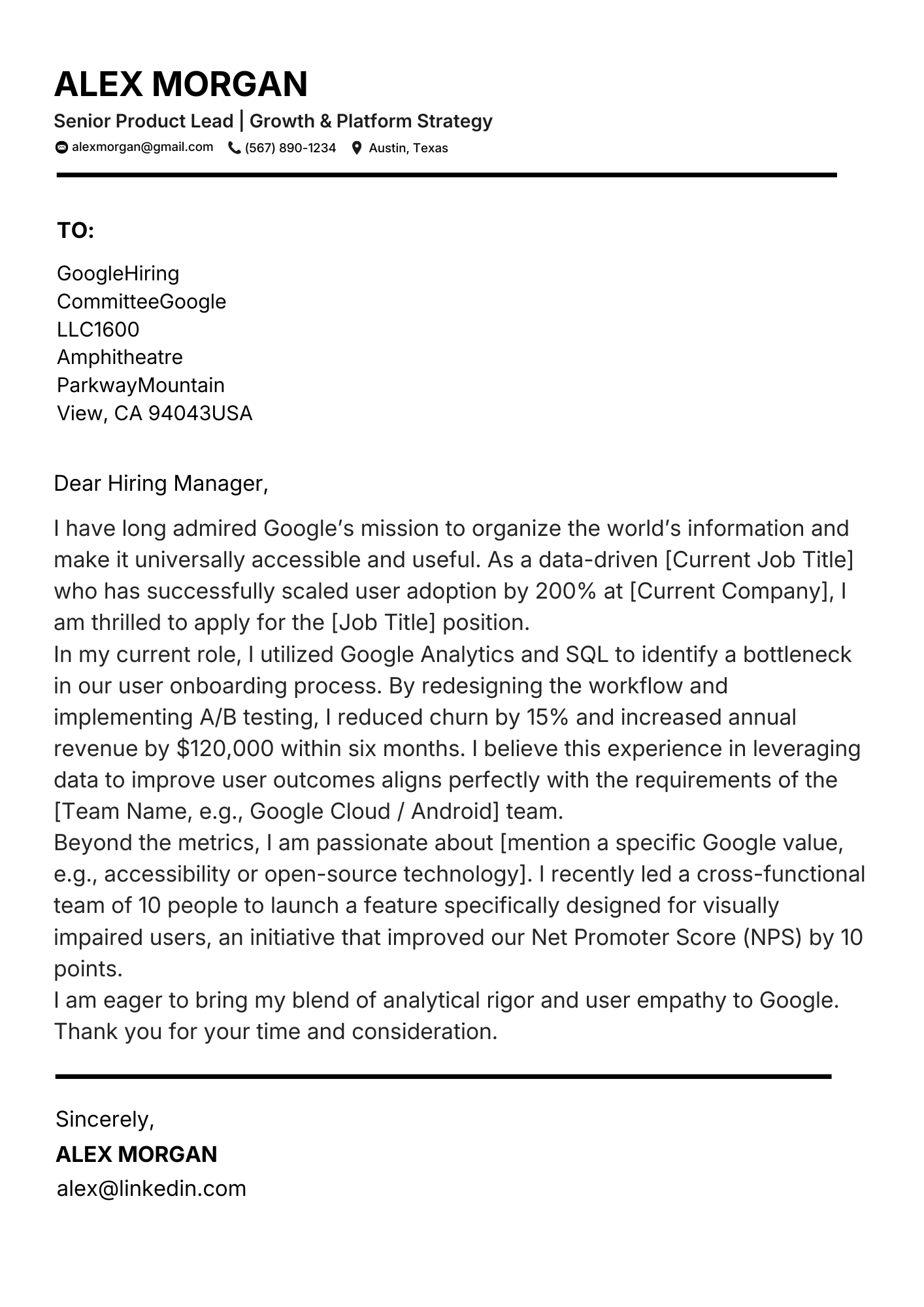 CV letter template preview by NeuraCV