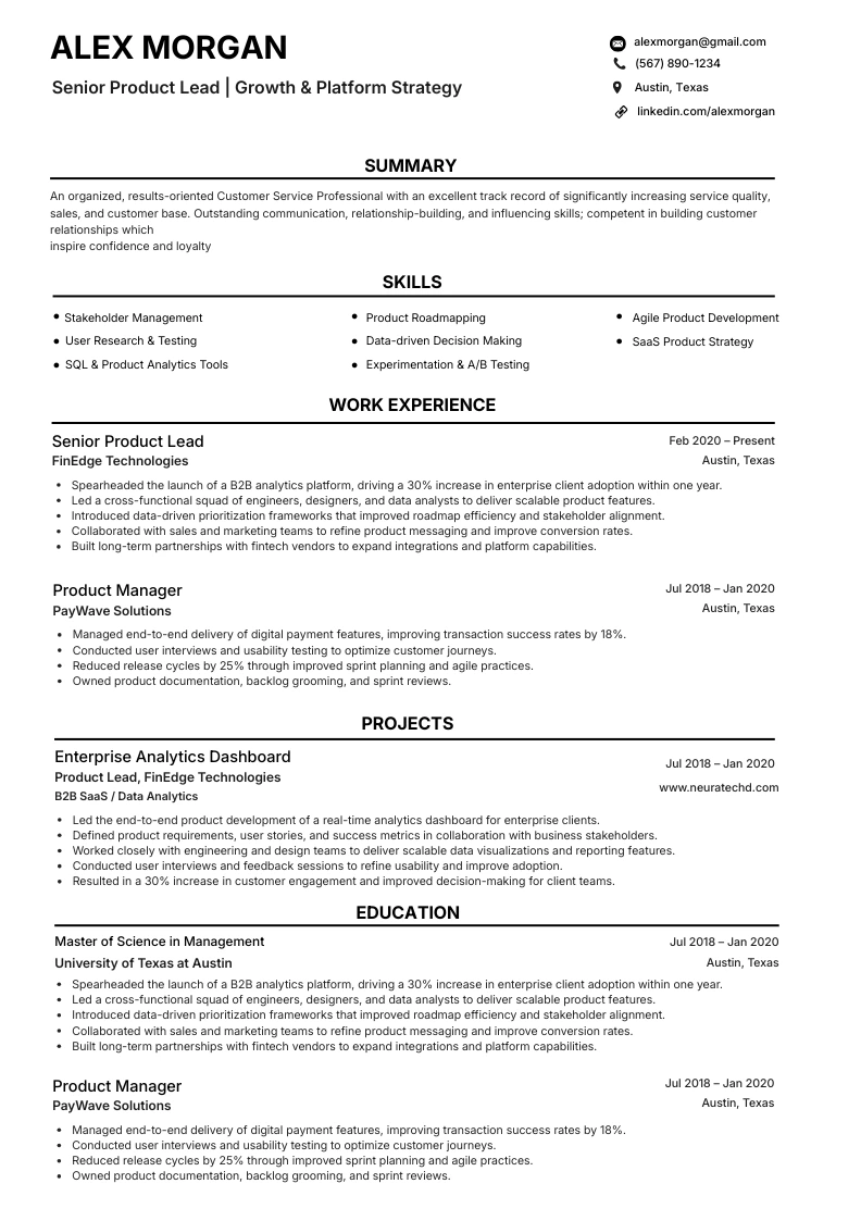 Technical lead ATS resume template