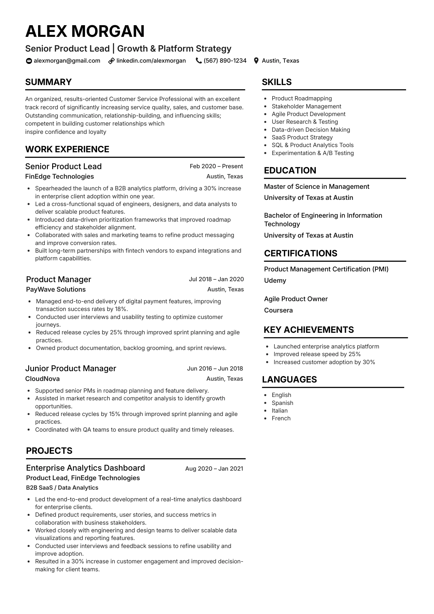 Preview of Modern Professional two-column CV layout