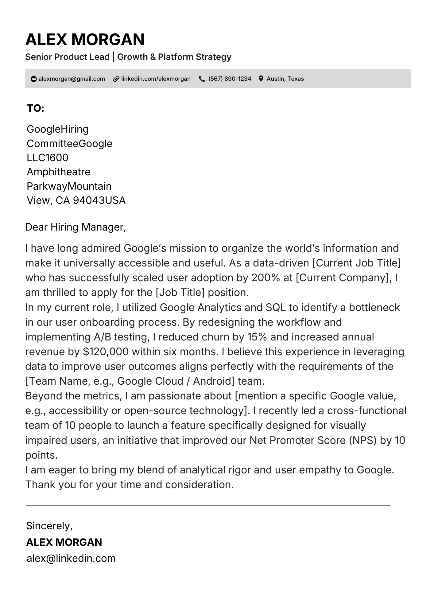 Template with ATS-friendly wording layout for CV letters