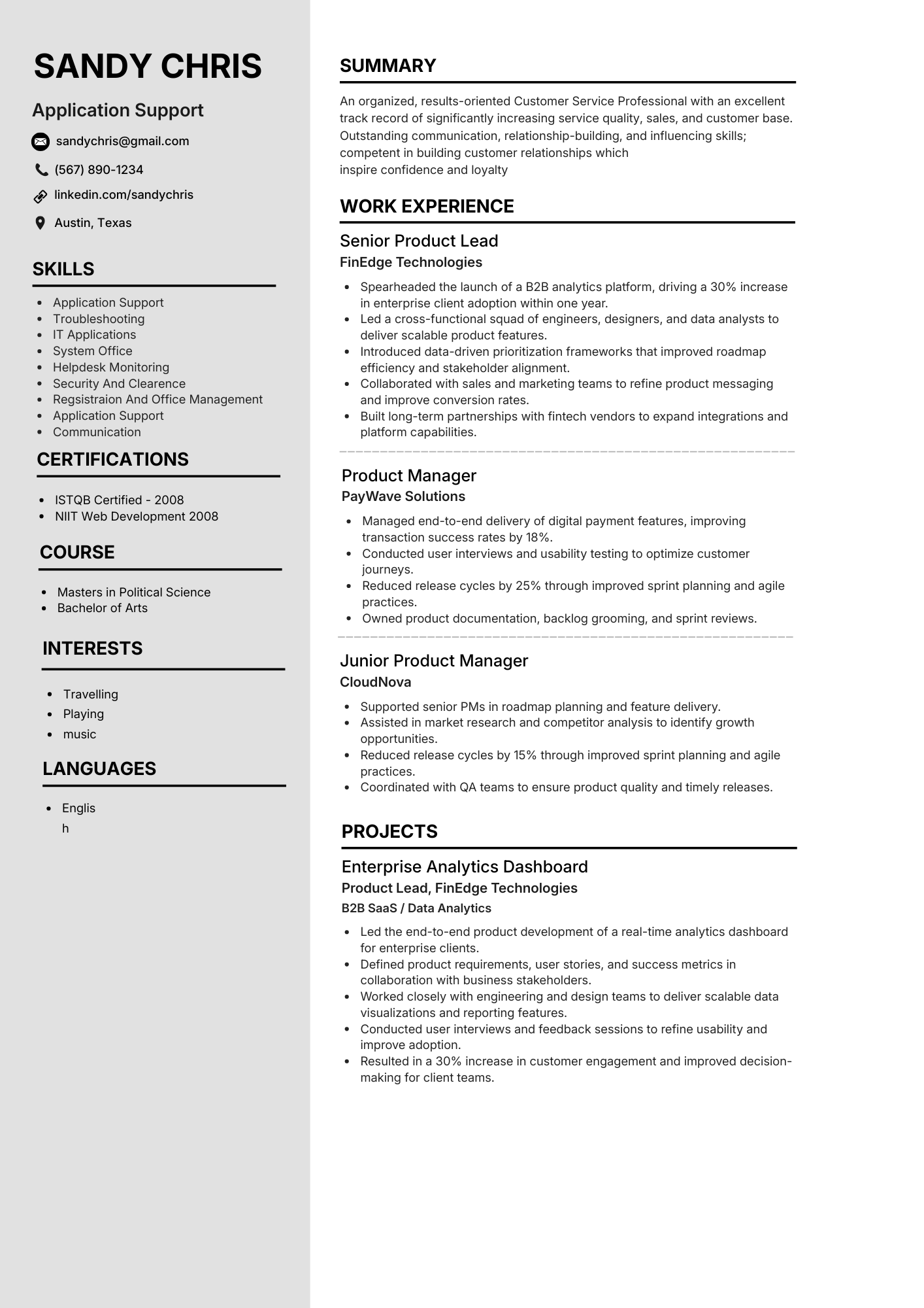 Application support CV template preview