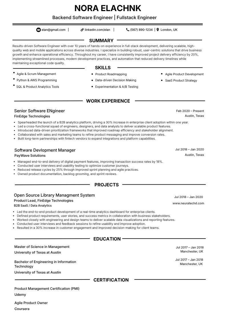 Backend software engineer resume template preview