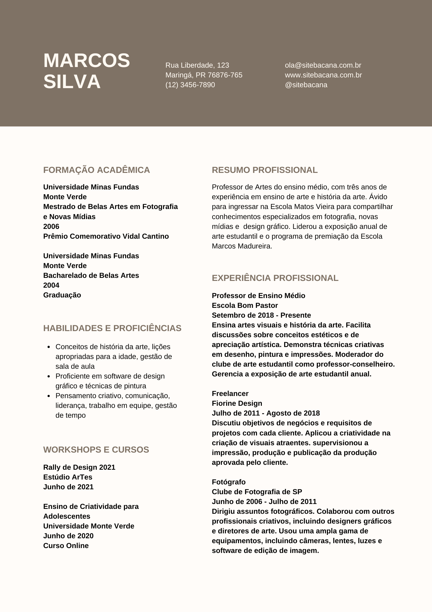 Bad resume example - Marcos Silva template with large dark brown header block and two-column body