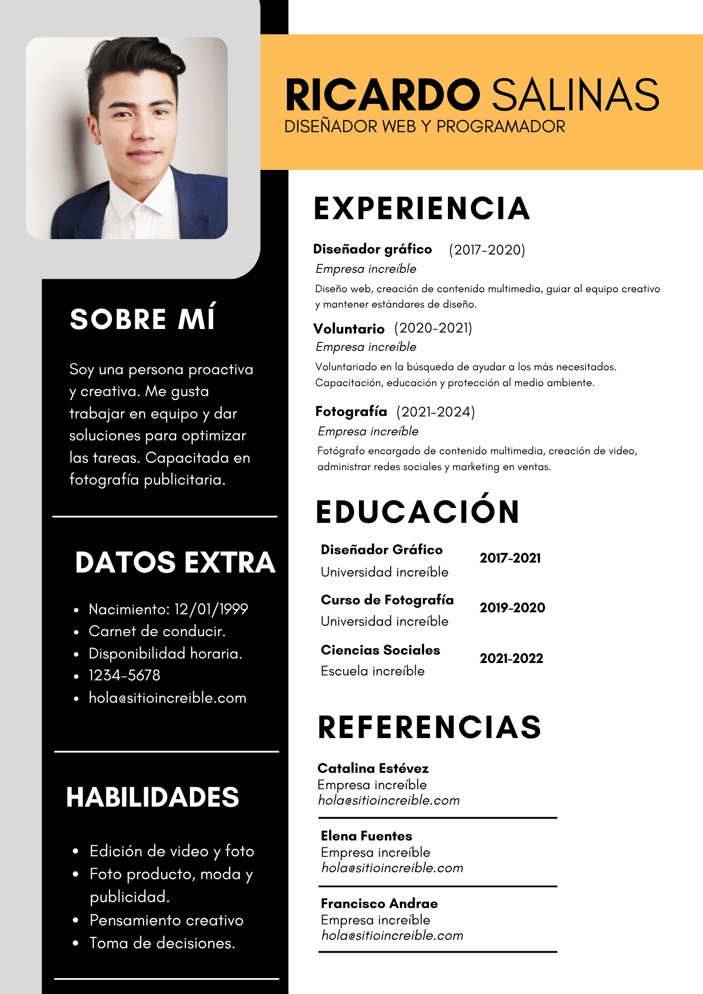 Bad resume example - Ricardo Salinas template with heavy black sidebar, orange header and photo