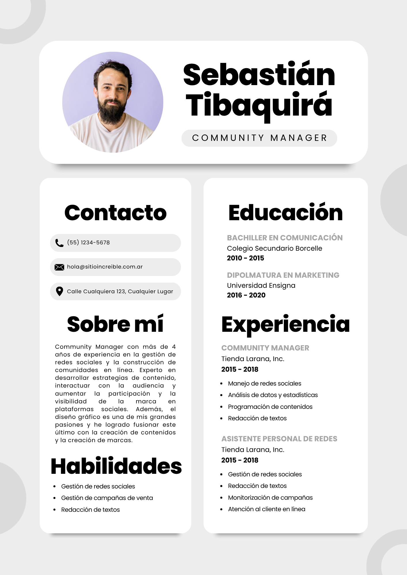 Bad resume example - Sebastian Tibaquira template with circular photo and bubble card sections