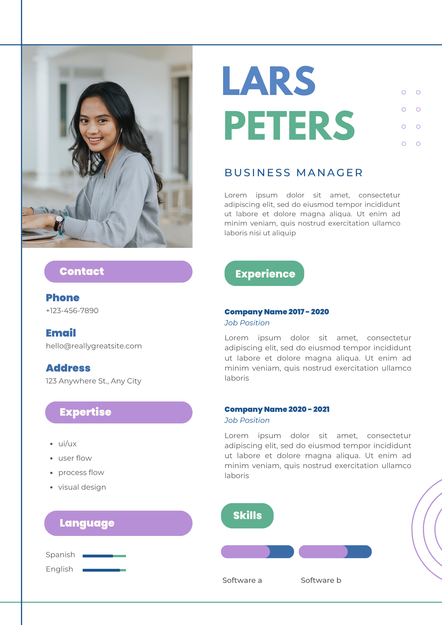 Bad resume example - Lars Peters purple and green template with skill bars and decorative circles