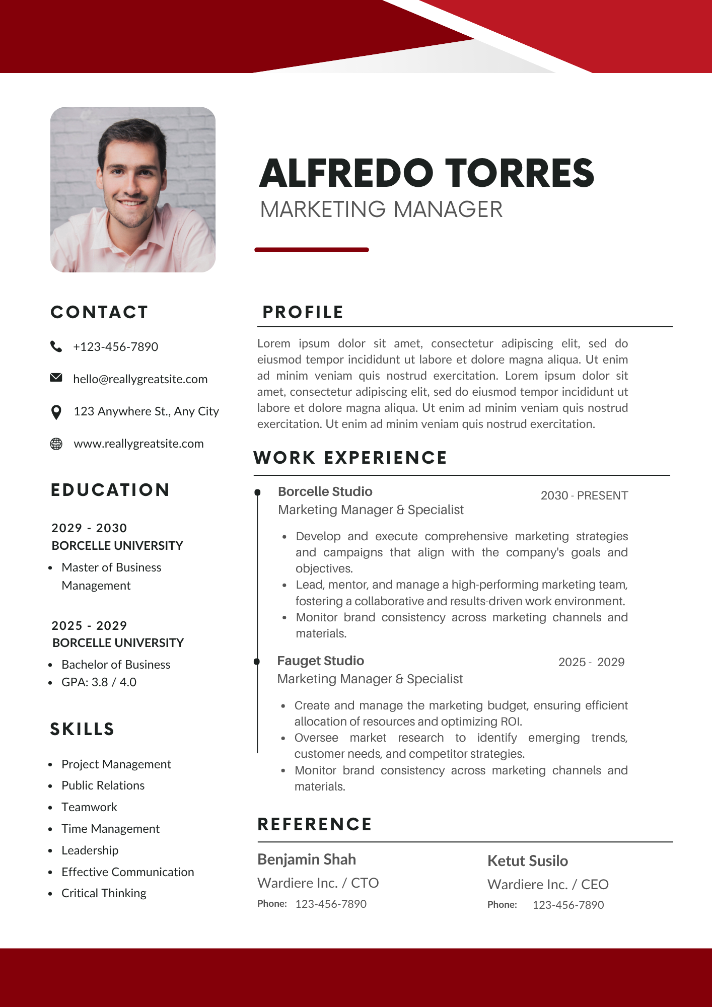 Bad resume example - Alfredo Torres template with headshot, red triangles and two-column sidebar