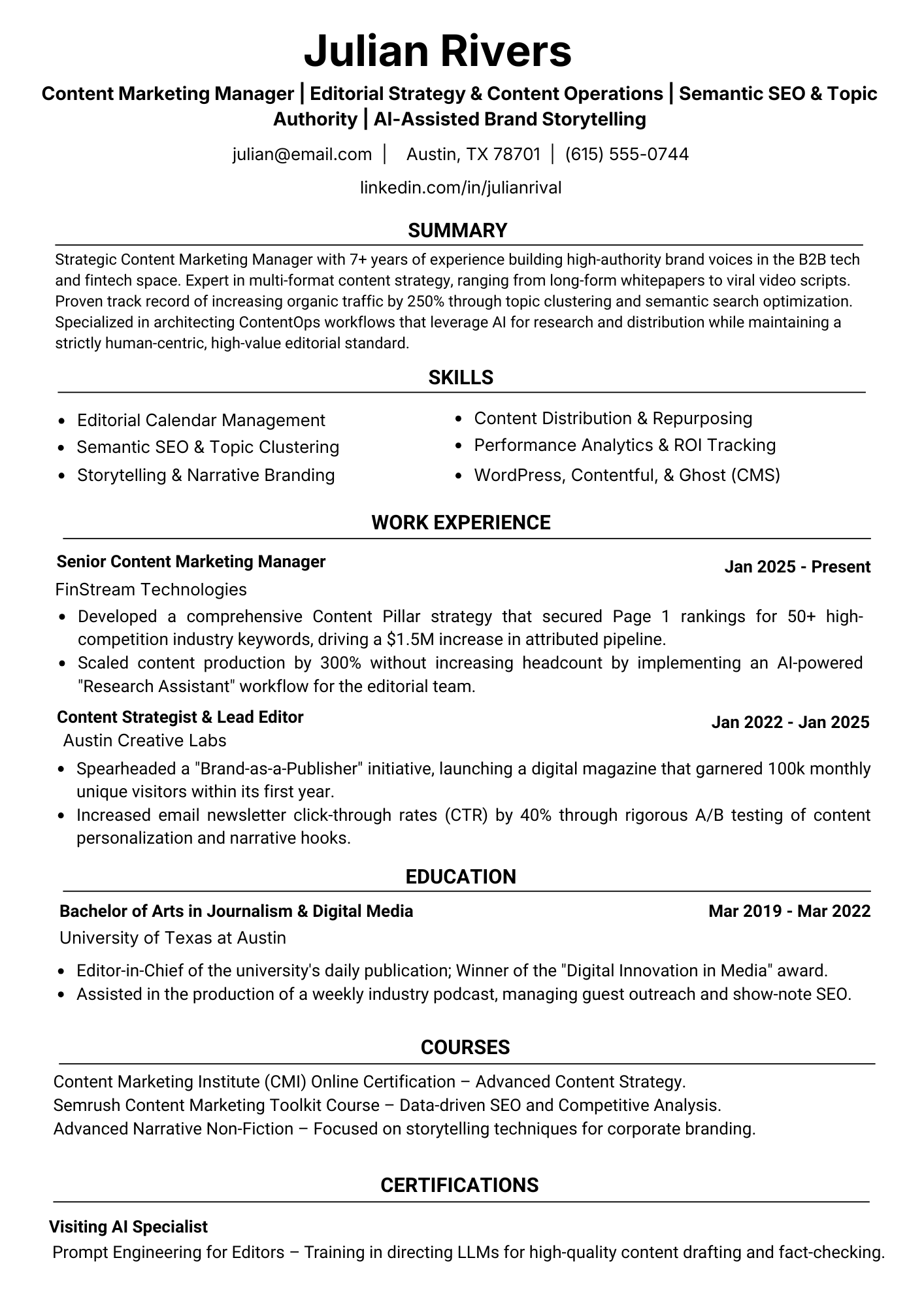 Marketing manager resume template preview for claim-focused wording