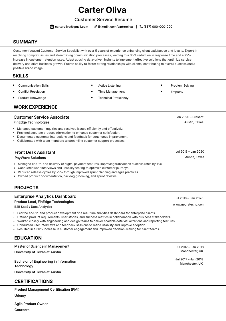 Customer service representative CV template preview