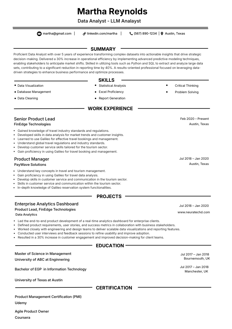 Data analyst resume template preview