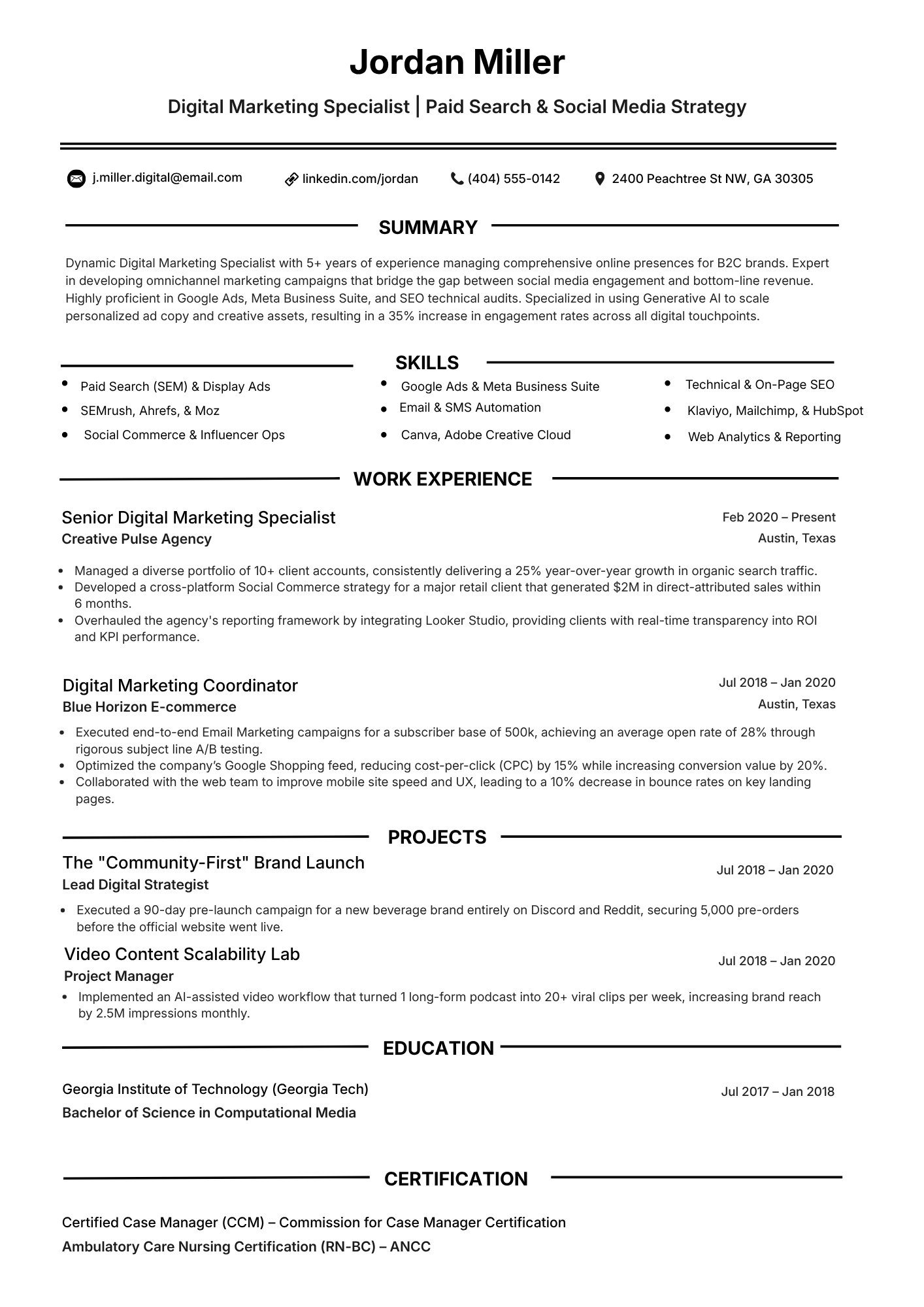 ATS-friendly digital marketing specialist resume template with quantified campaign results