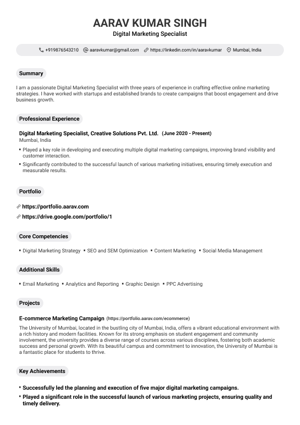 Digital marketing specialist CV template preview
