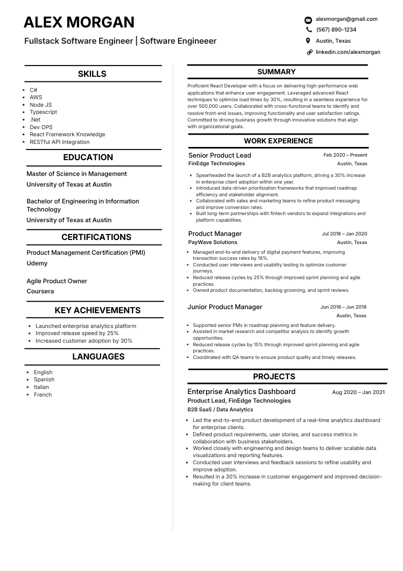 Engineer ATS resume template focused on technical skills and achievements