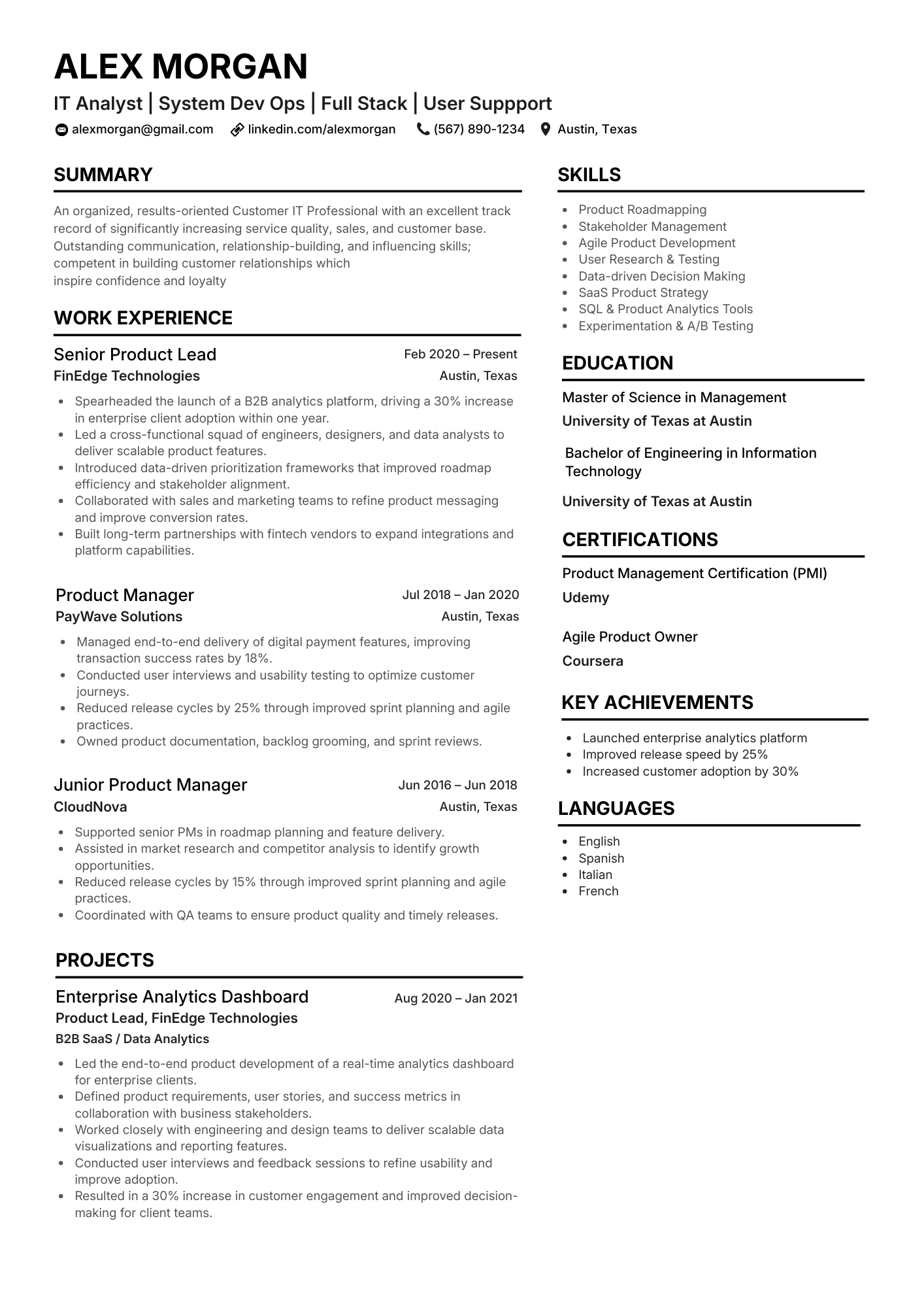 IT analyst resume template preview