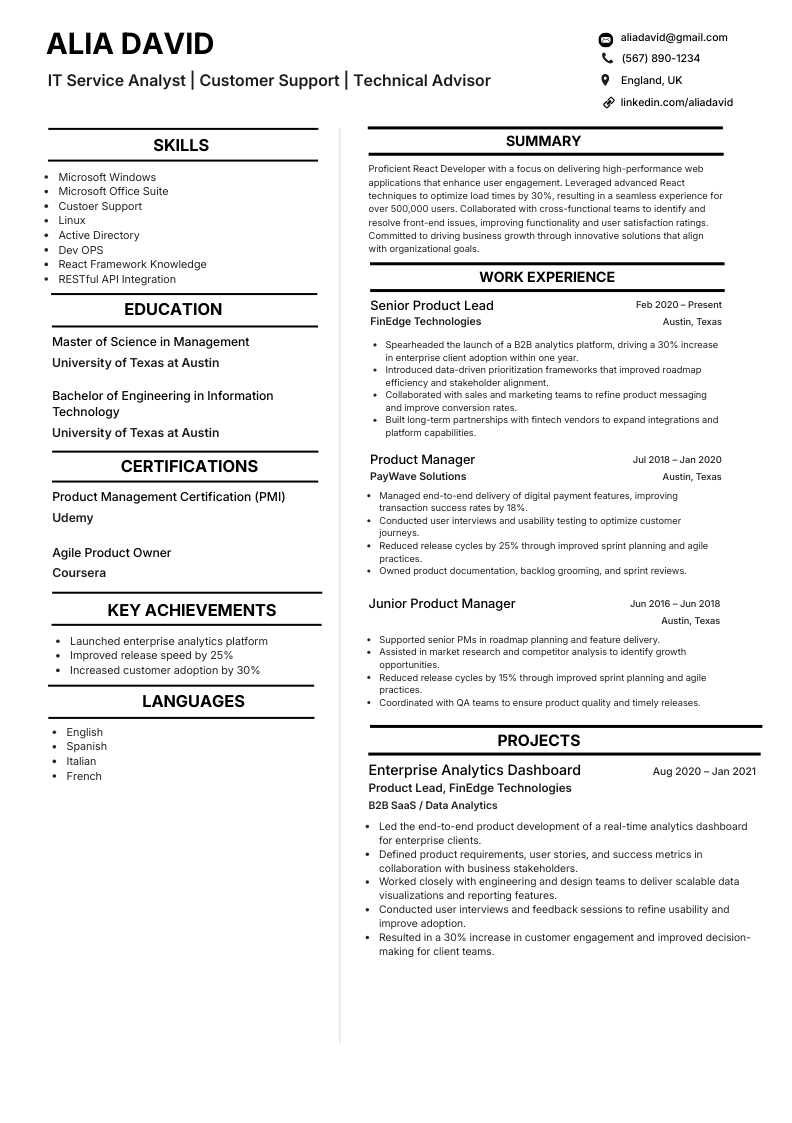 IT service analyst CV example template preview
