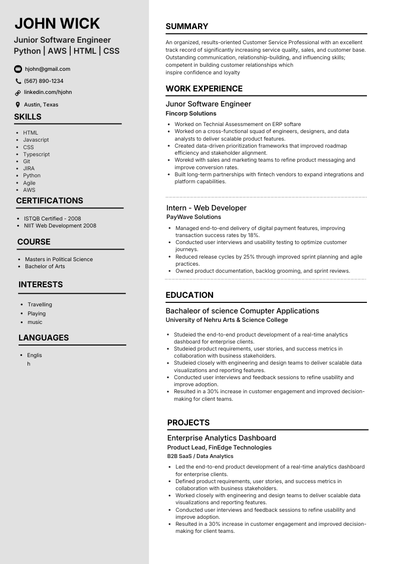 Junior software engineer CV template preview