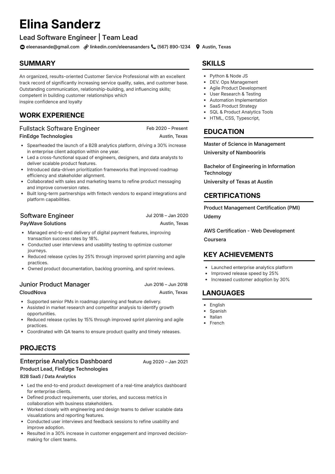 Lead software engineer CV template preview