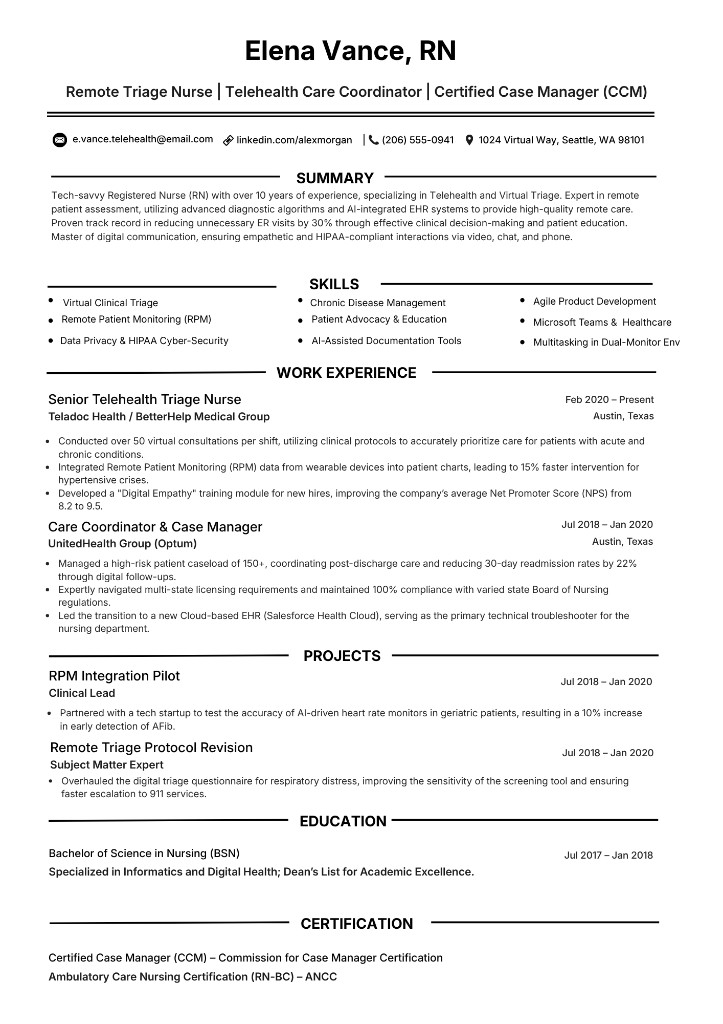 LVN remote triage nurse healthcare resume template preview