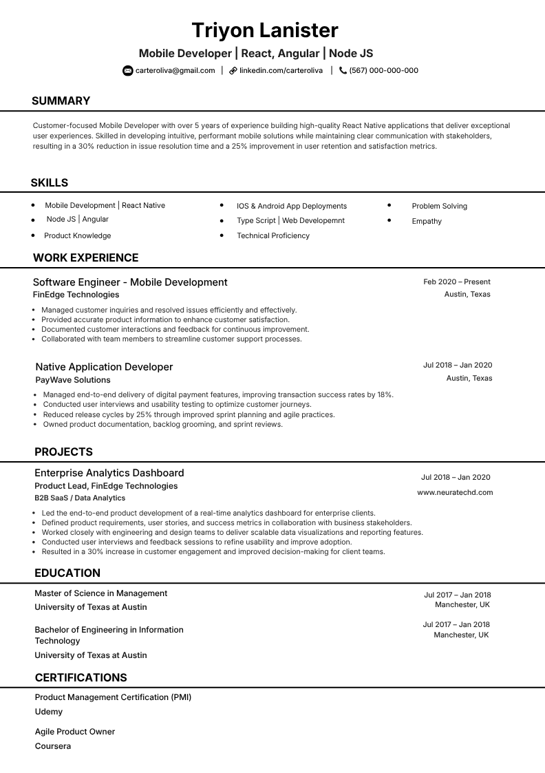 Mobile software engineer resume template