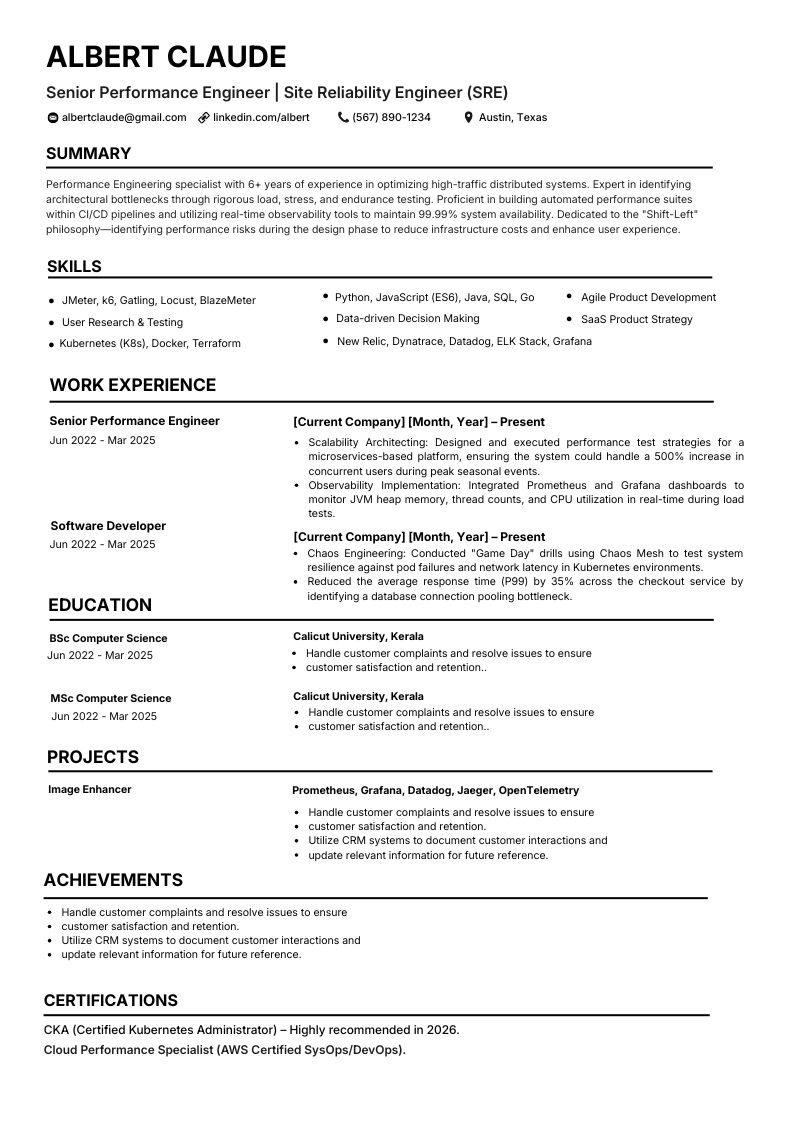 Performance testing engineer CV sample with load testing and reliability outcomes