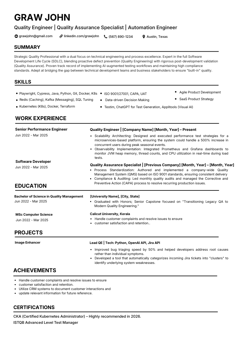 Software tester ATS resume template