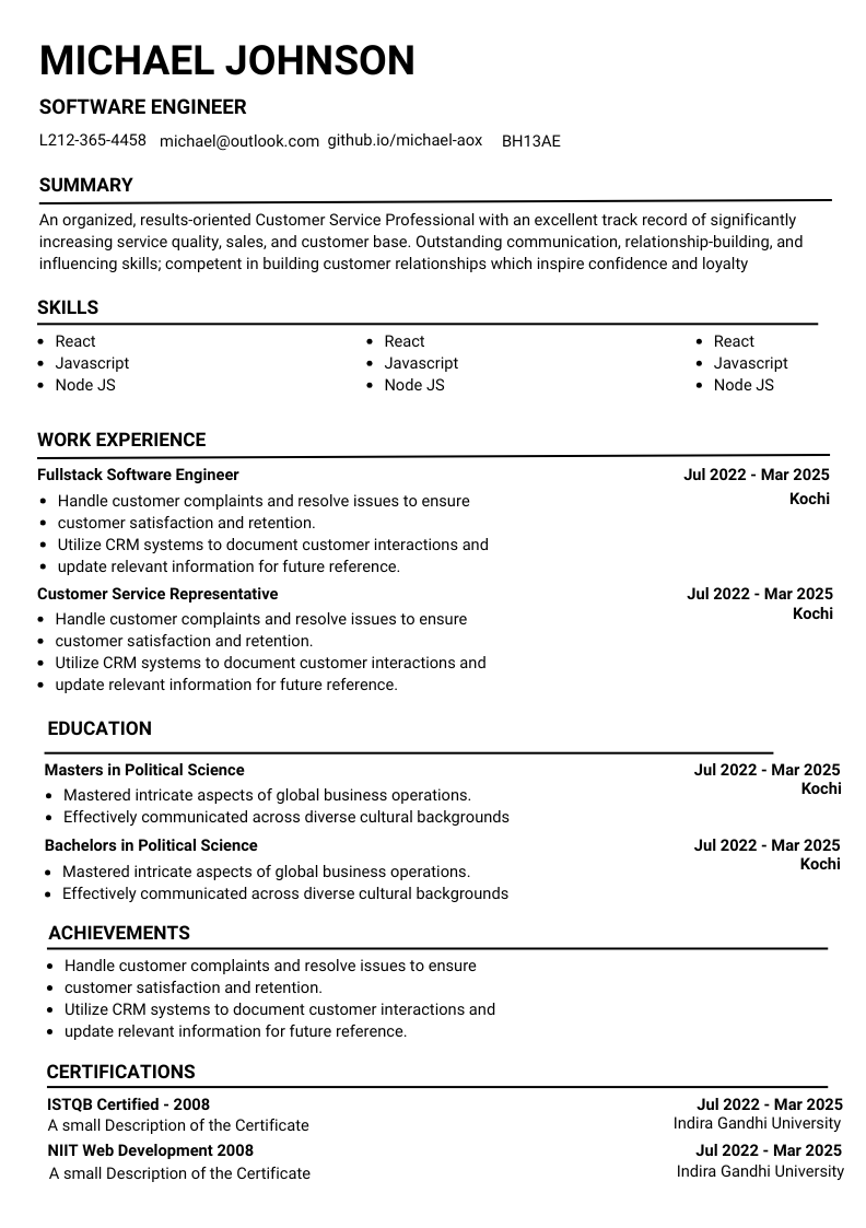 Resume example with clear section headings and linear layout suitable for applicant tracking systems
