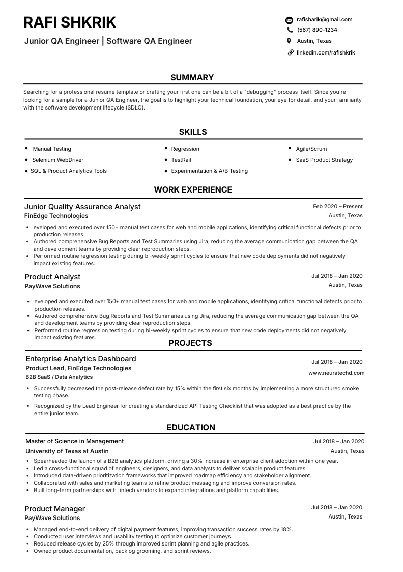 Software QA engineer resume template preview